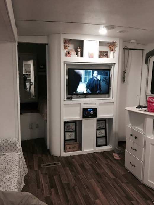 RV travel trailer remodeled into tiny home 